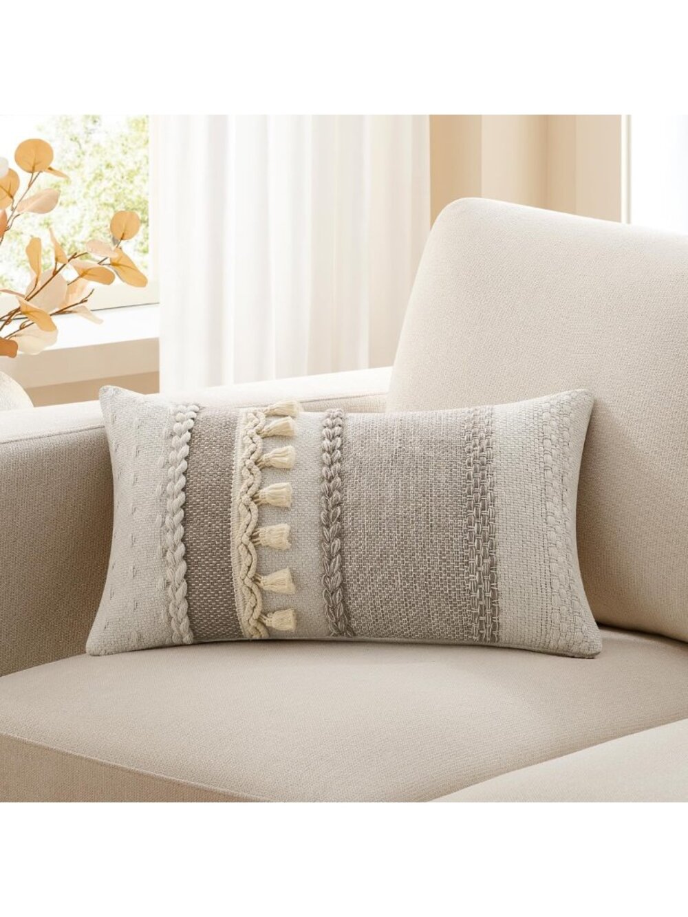 Boho Tassel Lumbar Pillow Cover 14x20 Inch, Khaki - Cozy Home Decor Accent